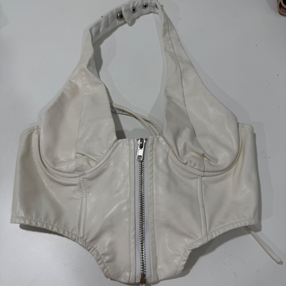 Edikted Faux Leather Halter Corset Top Cream White Zipper Front Lace Up Medium